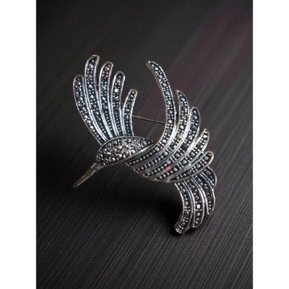 Vintage Silver-Tone Rhinestone Hummingbird Brooch Pin – 2.25" Elegant Bird Desig - Picture 1 of 2